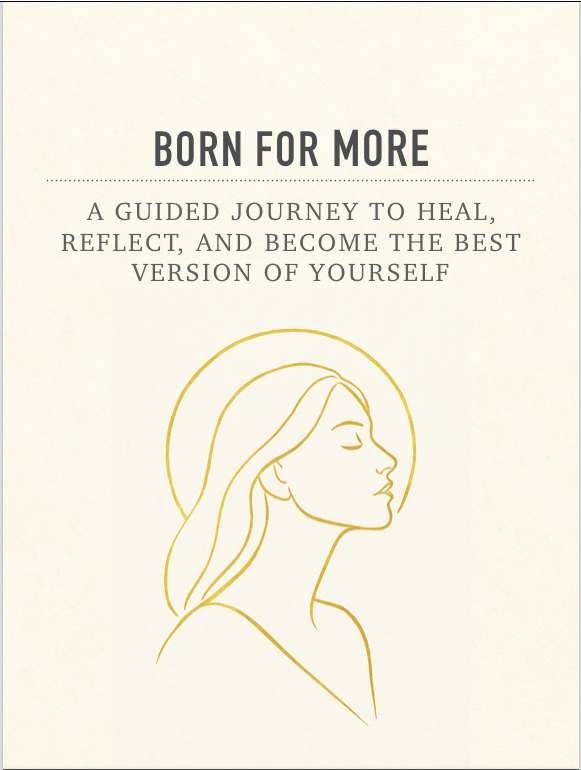 Book cover with text 'Born for More' and a line drawing of a woman's profile on a beige background.